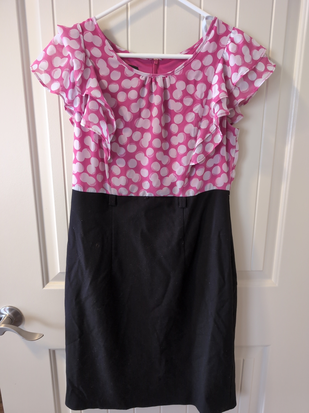 Alyx Pink Polka Dot Ruffle Bodice Black Sheath Dress